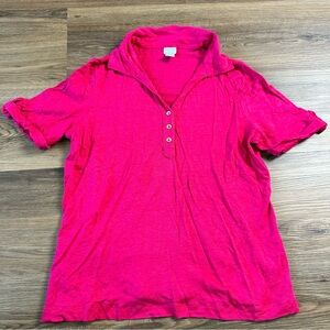 Chicos Womens 100% Linen Polo Shirt Short Sleeve Pink 3 XL Preppy Coastal Beach